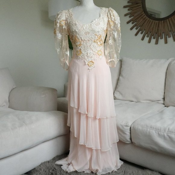 Vtg Judy Hornby Silk and Lace Applique Tiered Maxi Gown - Picture 2 of 12